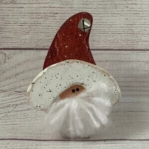 Wooden Small Santa Claus Face with Yarn Beard and Jingle Bell 4" Tall